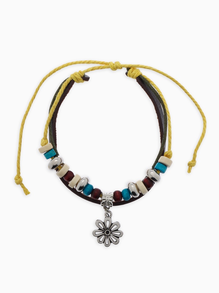 Браслет кожа «Цветок» с бусинами, 3 нити, цветной, d=5 см